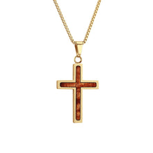 Load image into Gallery viewer, Hawaiian Koa Wood Cross Necklace - Yellow Gold - Komo Koa - Woodsman Jewelry