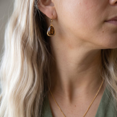 Hawaiian Koa Wood Drop Earrings - Yellow Gold