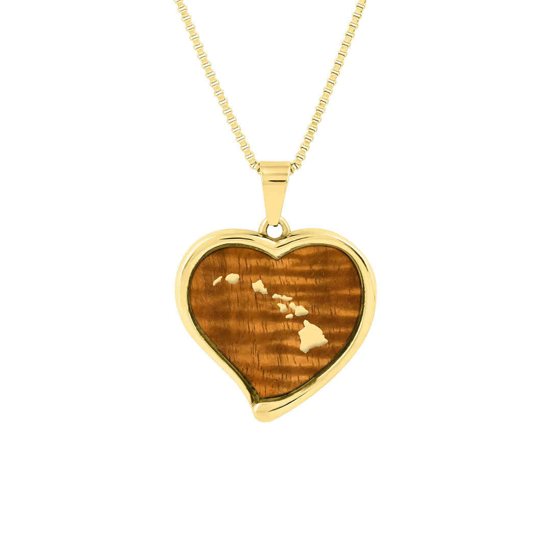 Hawaiian Koa Wood Heart Necklace - Yellow Gold - Komo Koa - Woodsman Jewelry