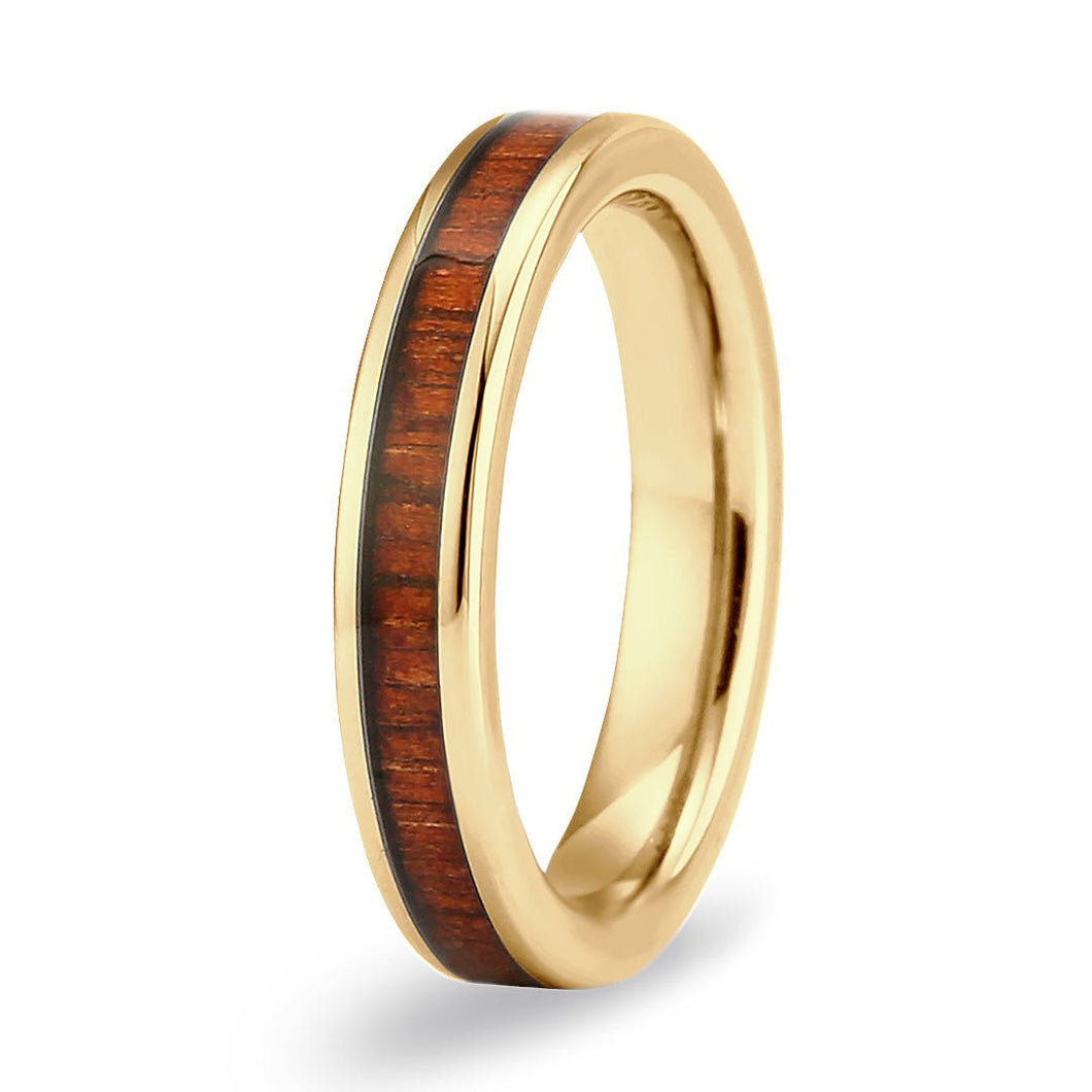 Hawaiian Koa Wood Thin Tungsten Ring - Yellow Gold - Komo Koa - Woodsman Jewelry